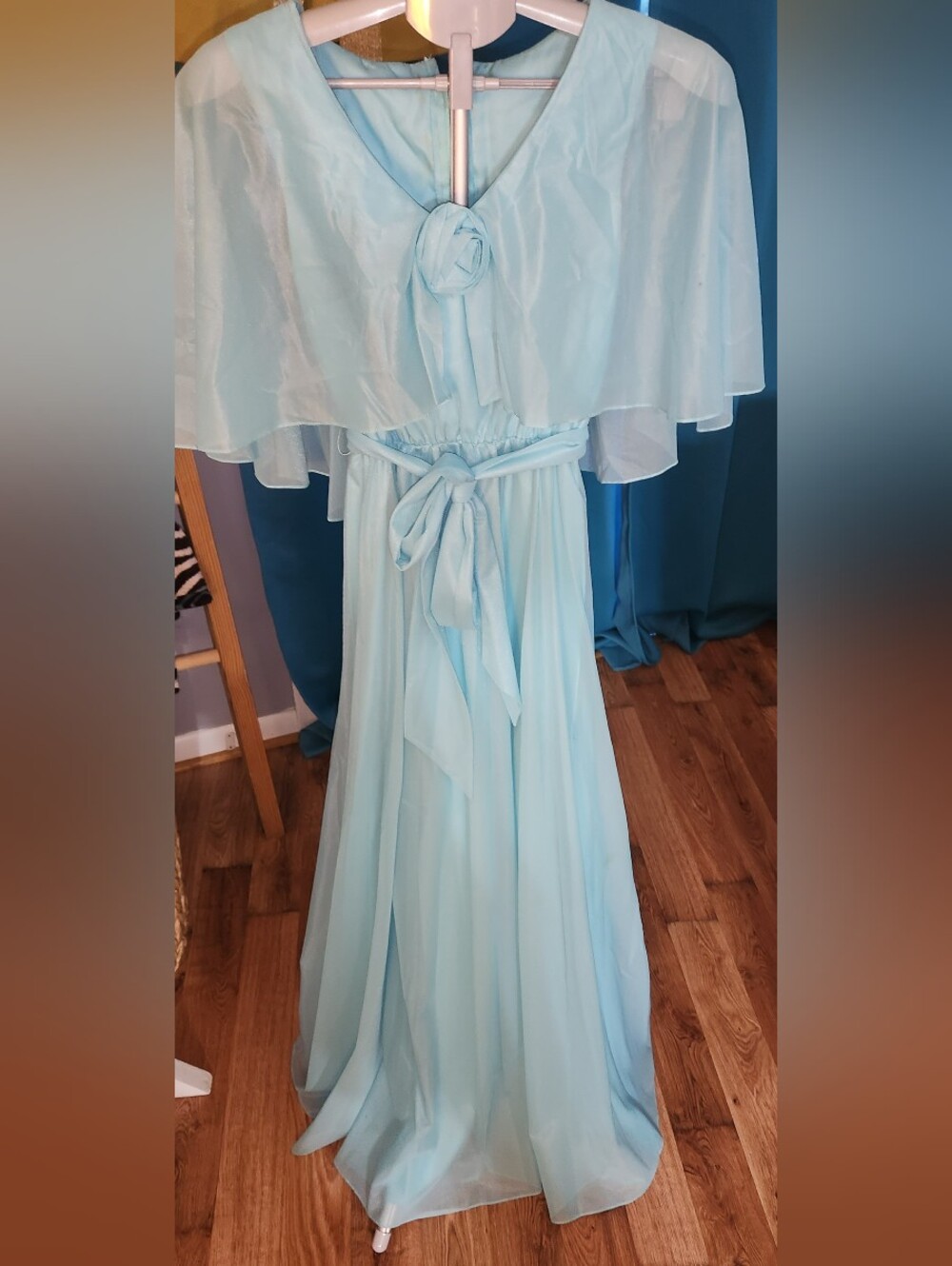 70s Light Blue Chiffon Tie-Waist Maxi Formal Dress